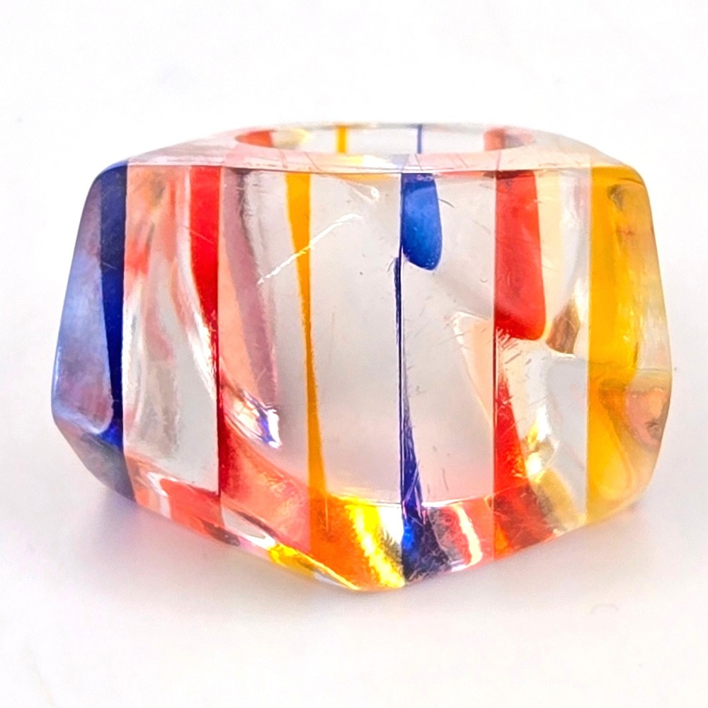 Vintage Lucite Chunky Faceted Ring Multi Color Carnival Striped Geometric Size 5